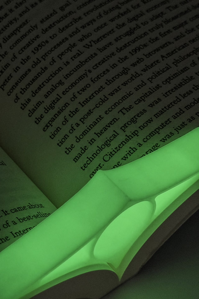 A glow-in-the-dark Reading Ray in an open book.
